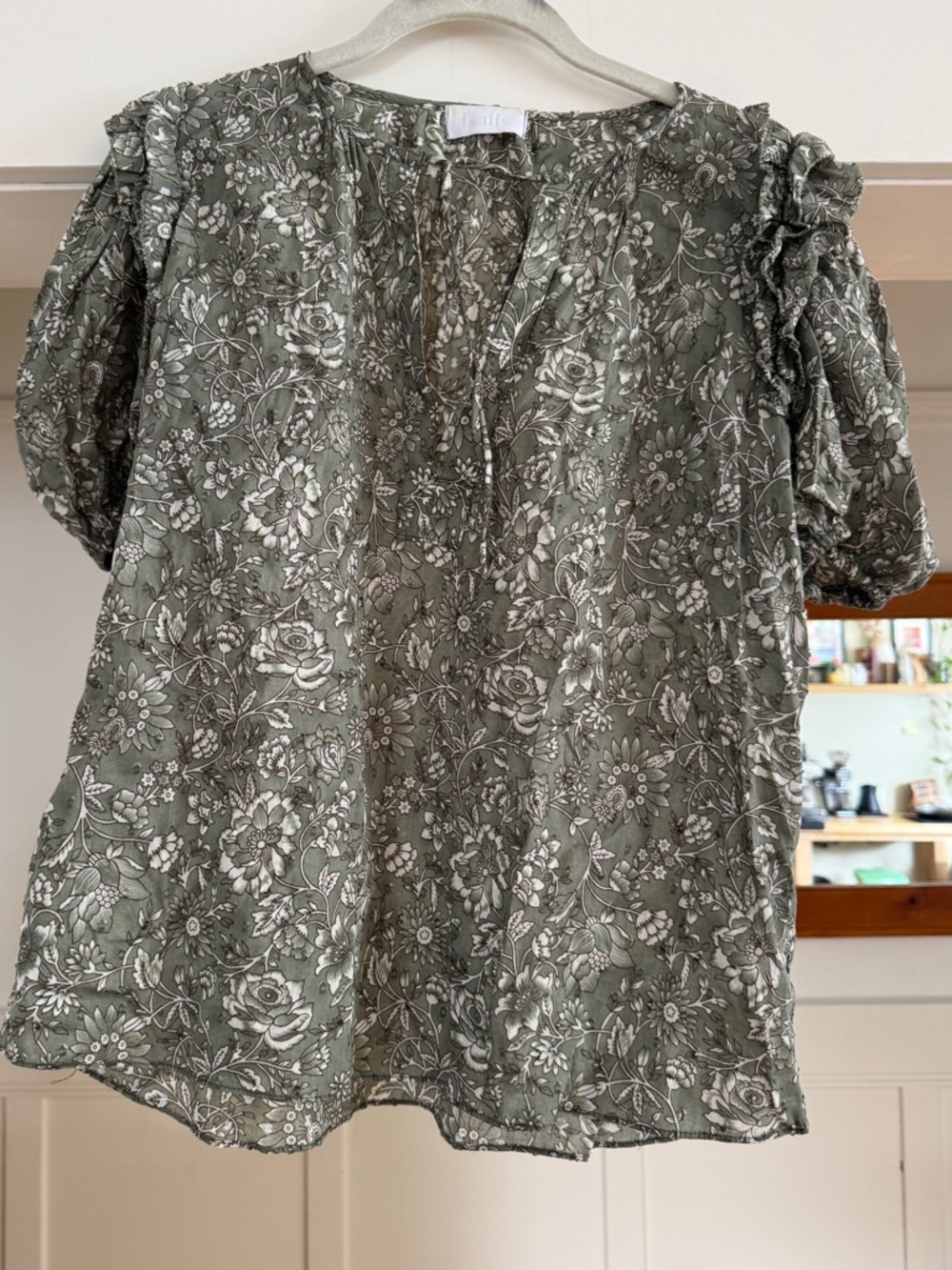 Floral Ruffle-Sleeve Blouse in Olive Green